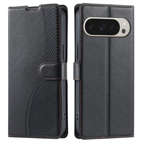 For Google Pixel 9 Pro XL Case Dots Imprinted PU Leather Flip Phone Cover with Card Slot, Strap - Black - 1