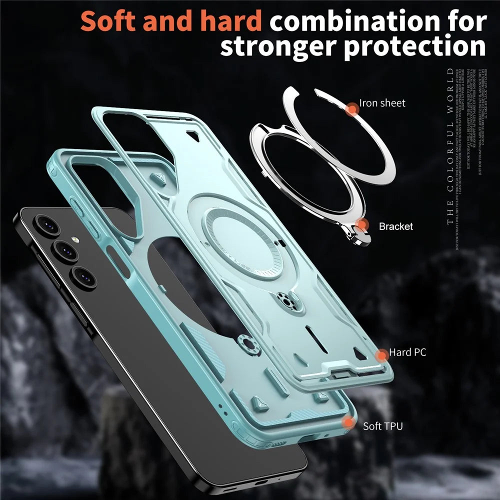 For Samsung Galaxy A16 4G / 5G Magnetic Case Military Protection PC+TPU Kickstand Phone Cover - Baby Blue - 6