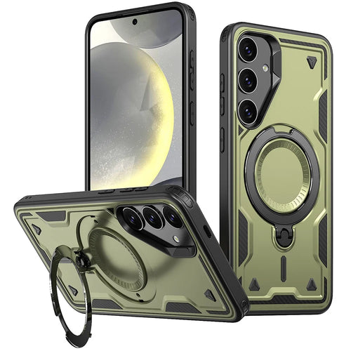 For Samsung Galaxy S24 FE Magnetic Case Military Protection PC+TPU Kickstand Phone Cover - Olive Green - 1
