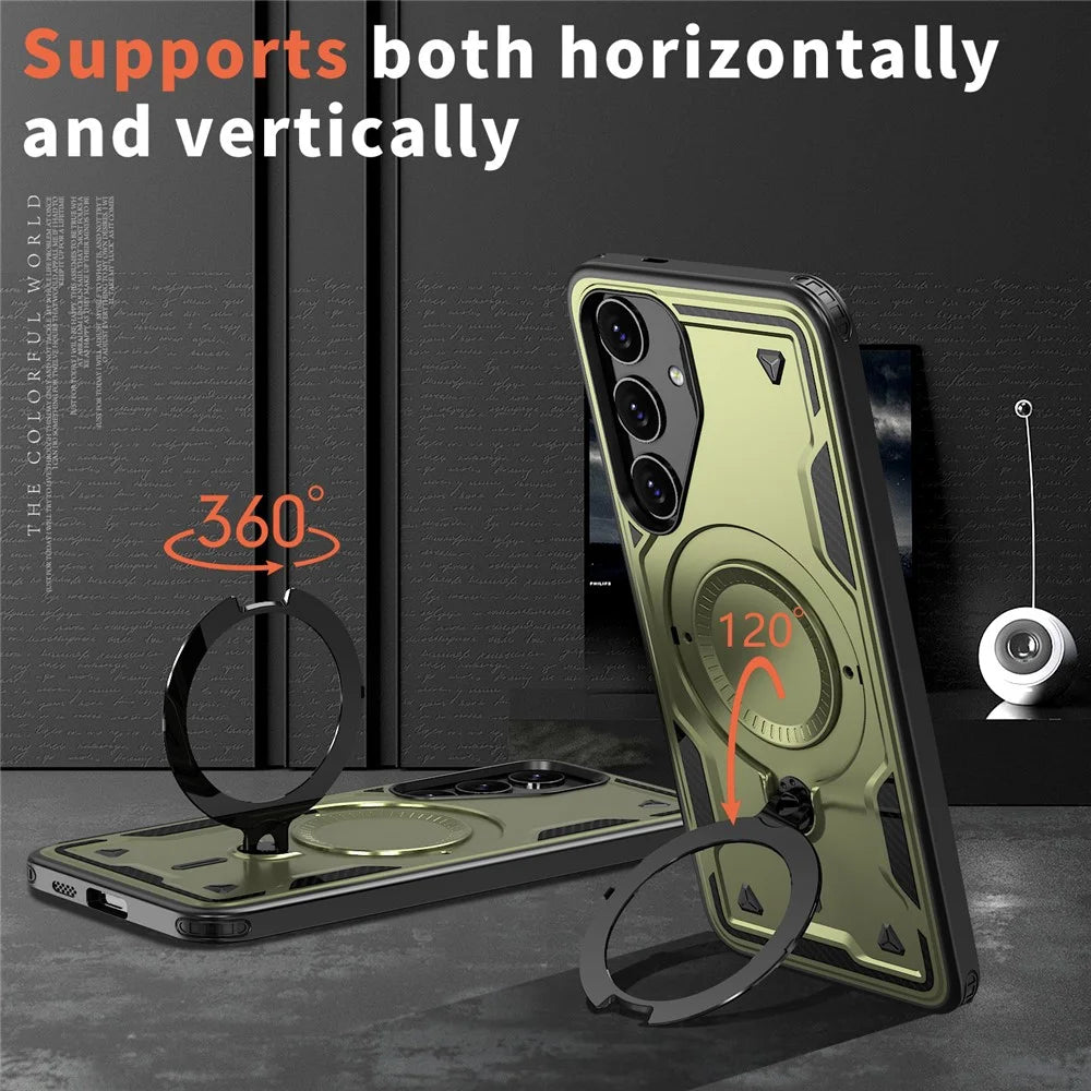 For Samsung Galaxy S24 FE Magnetic Case Military Protection PC+TPU Kickstand Phone Cover - Olive Green - 2