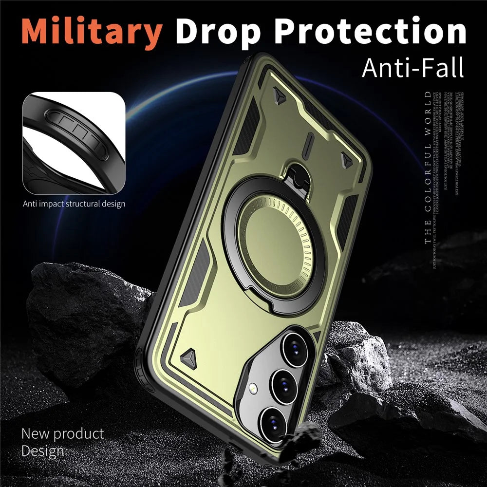 For Samsung Galaxy S24 FE Magnetic Case Military Protection PC+TPU Kickstand Phone Cover - Olive Green - 4