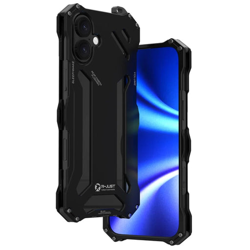 R-JUST For iPhone 16 Case Aluminum Alloy Mechanical Armor Hollow Phone Back Cover - Black - 1
