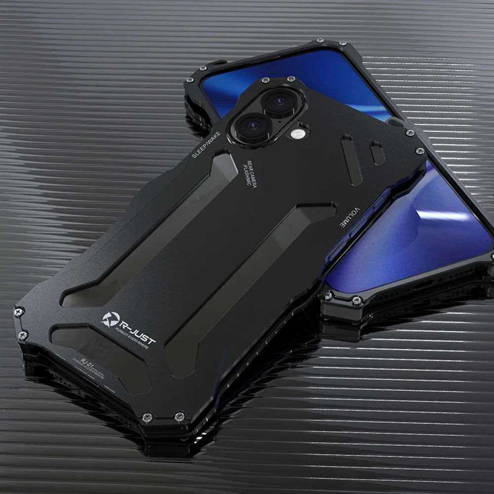 R-JUST For iPhone 16 Case Aluminum Alloy Mechanical Armor Hollow Phone Back Cover - Black - 3
