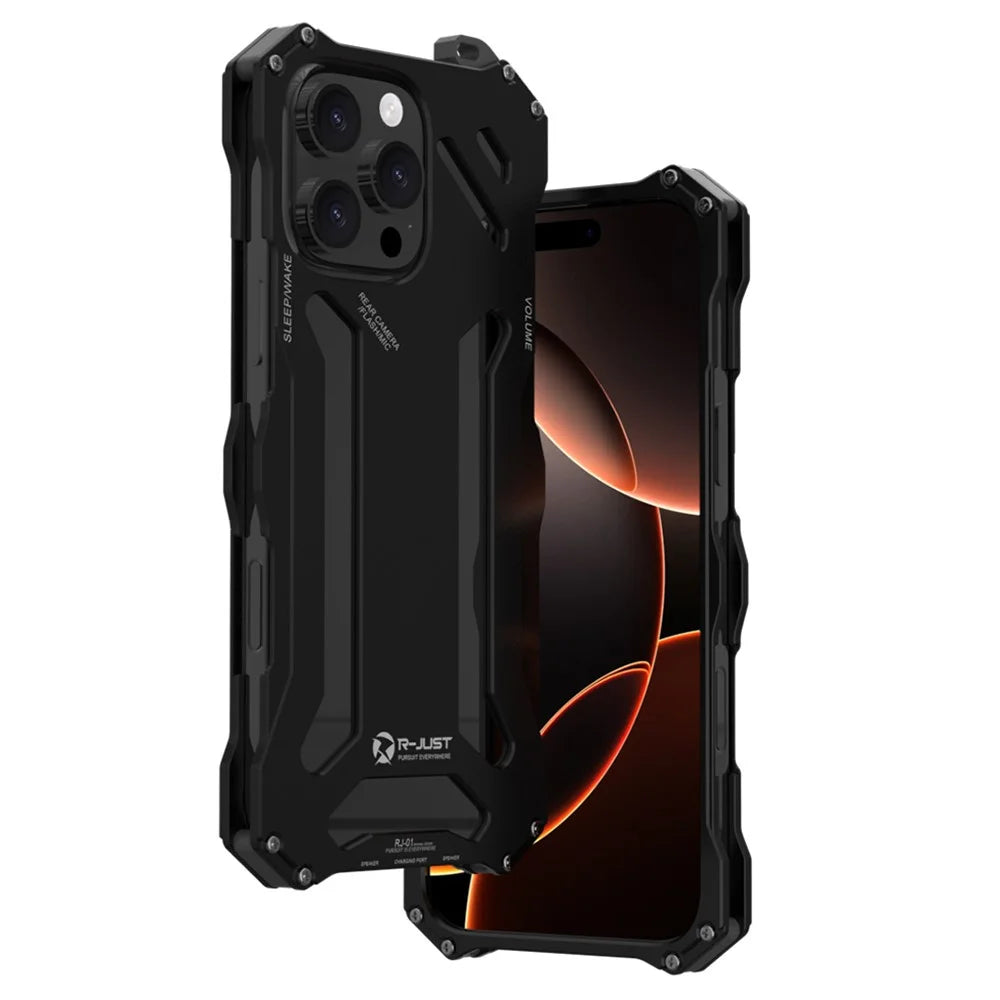 R-JUST For iPhone 16 Pro Case Aluminum Alloy Mechanical Armor Hollow Phone Back Cover - Black - 1