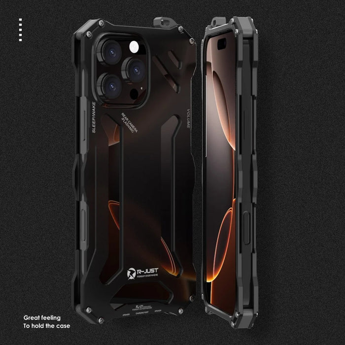 R-JUST For iPhone 16 Pro Case Aluminum Alloy Mechanical Armor Hollow Phone Back Cover - Black - 3