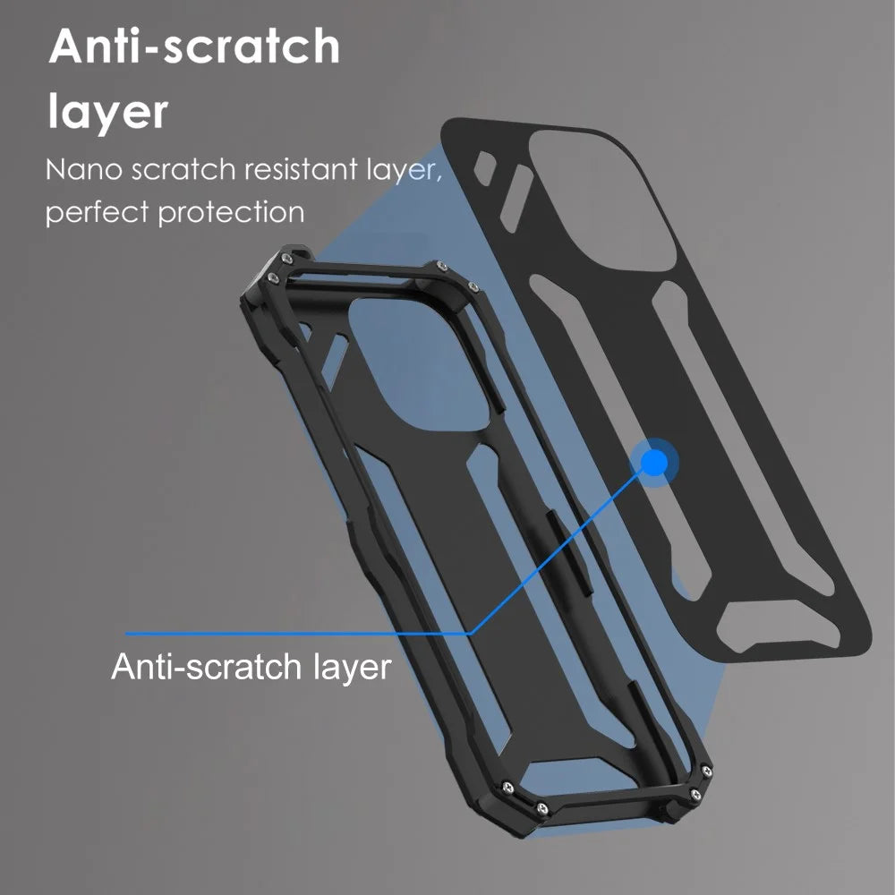 R-JUST For iPhone 16 Pro Case Aluminum Alloy Mechanical Armor Hollow Phone Back Cover - Black - 5