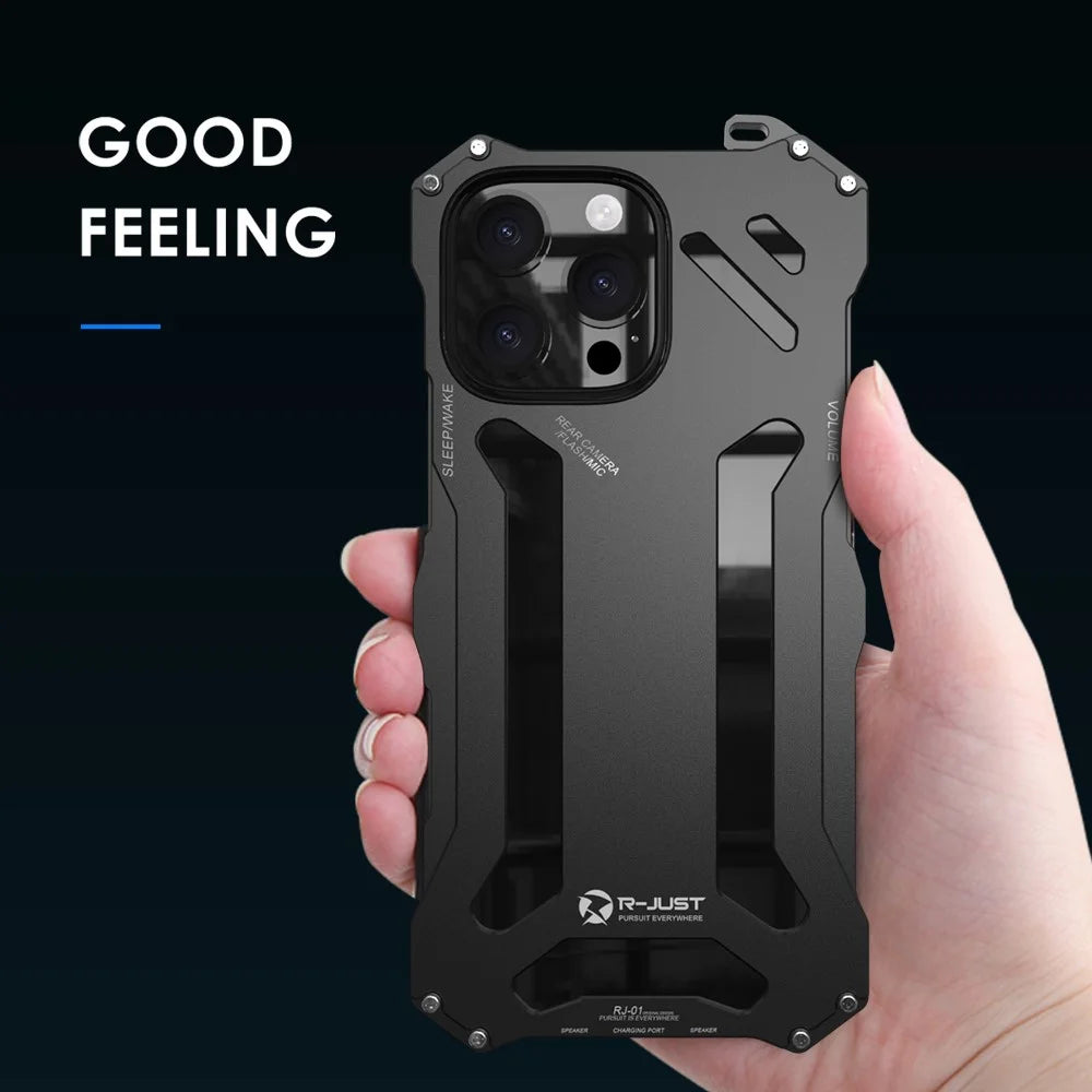 R-JUST For iPhone 16 Pro Max Case Aluminum Alloy Mechanical Armor Hollow Phone Back Cover - Black - 2