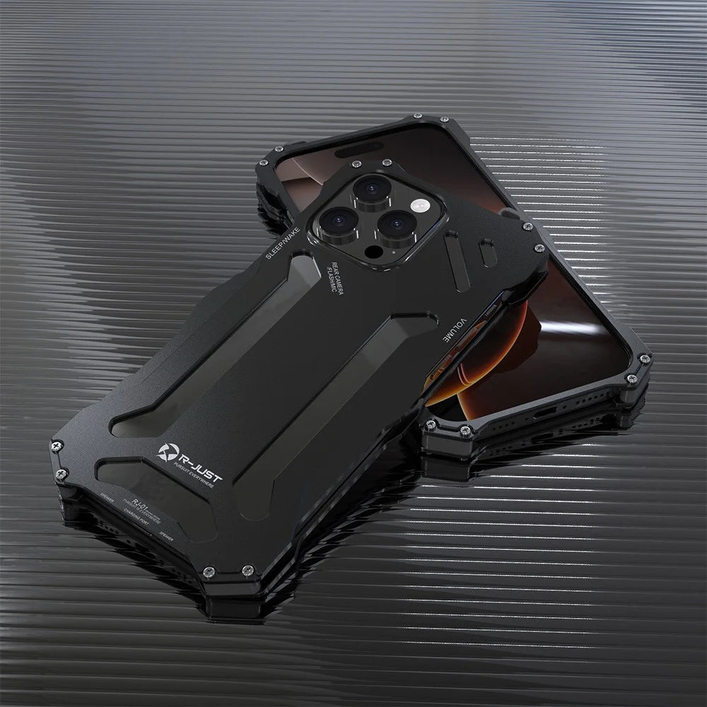 R-JUST For iPhone 16 Pro Max Case Aluminum Alloy Mechanical Armor Hollow Phone Back Cover - Black - 6
