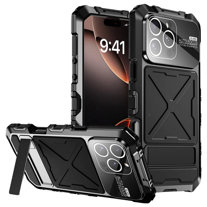 R-JUST RJ09-1 For iPhone 16 Pro Case Silicone+Aluminium Alloy Phone Cover with Screen Film - Black - 1