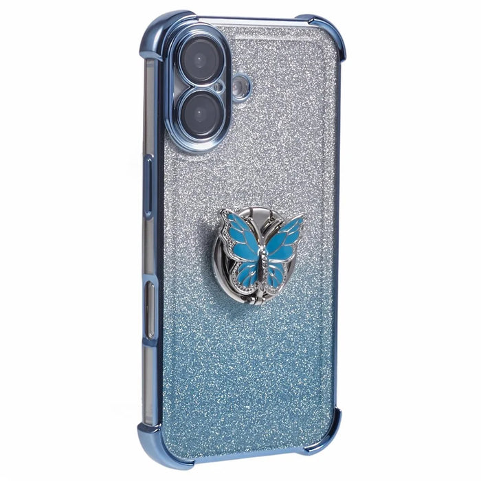 For iPhone 16 Case Butterfly Kickstand Glitter TPU Shockproof Phone Cover - Blue - 1