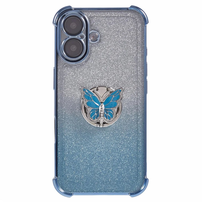 For iPhone 16 Case Butterfly Kickstand Glitter TPU Shockproof Phone Cover - Blue - 3