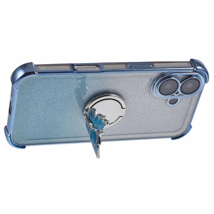 For iPhone 16 Case Butterfly Kickstand Glitter TPU Shockproof Phone Cover - Blue - 4