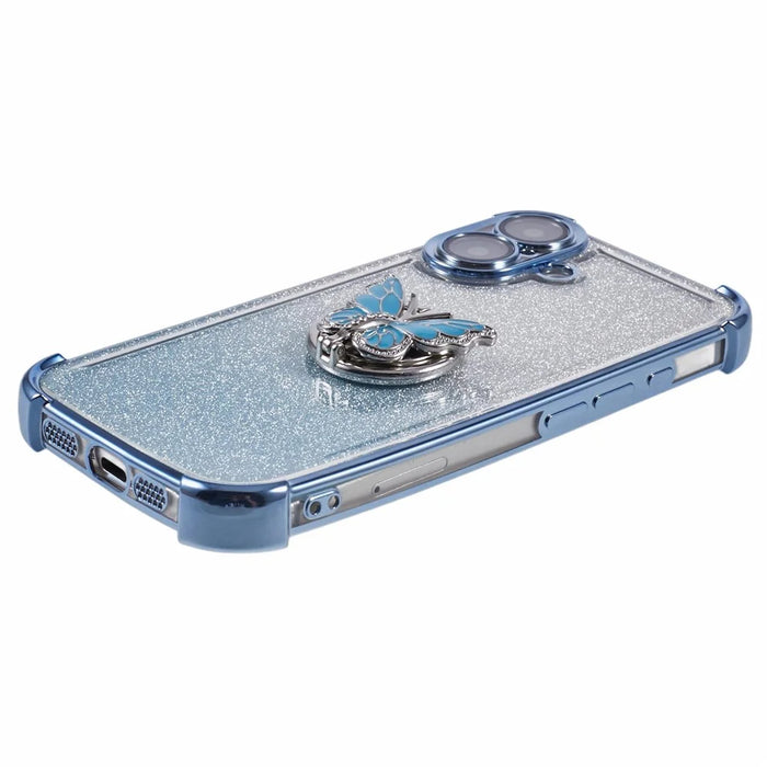 For iPhone 16 Case Butterfly Kickstand Glitter TPU Shockproof Phone Cover - Blue - 6