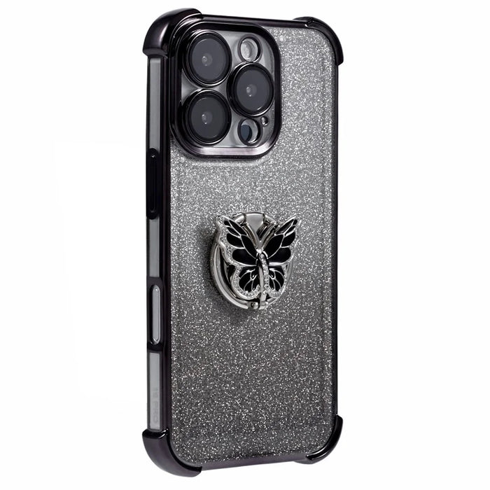 For iPhone 16 Pro Case Butterfly Kickstand Glitter TPU Shockproof Phone Cover - Black - 1