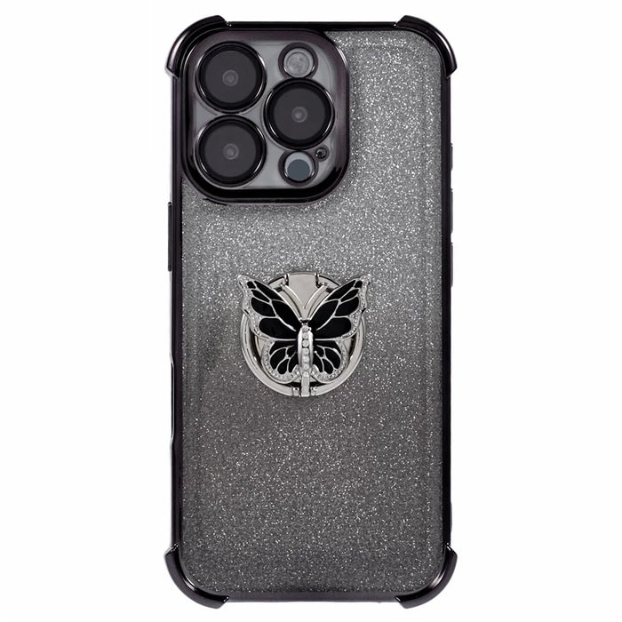 For iPhone 16 Pro Case Butterfly Kickstand Glitter TPU Shockproof Phone Cover - Black - 3