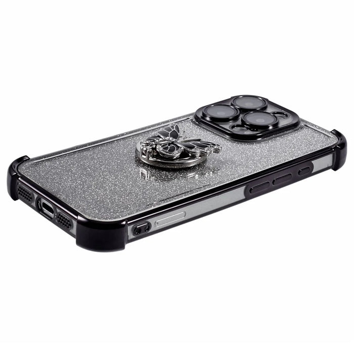 For iPhone 16 Pro Case Butterfly Kickstand Glitter TPU Shockproof Phone Cover - Black - 6
