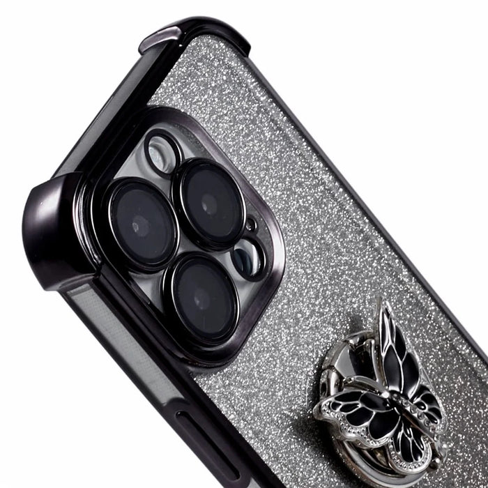 For iPhone 16 Pro Case Butterfly Kickstand Glitter TPU Shockproof Phone Cover - Black - 7