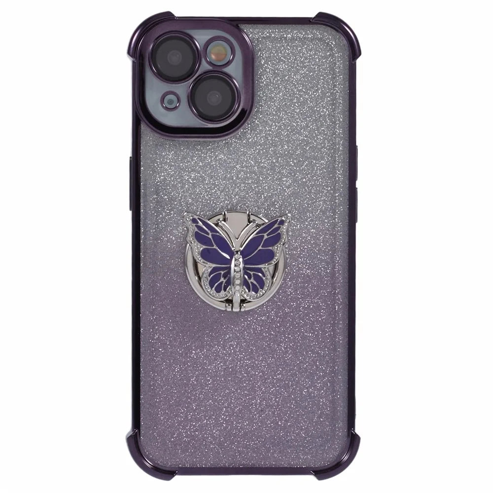 For iPhone 15 Case Butterfly Kickstand Glitter TPU Shockproof Phone Cover - Purple - 3