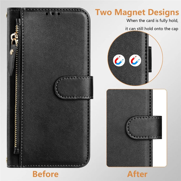 For Samsung Galaxy S25 Ultra Case Zipper Pocket Multiple Card Slots Leather Phone Cover - Black - 7