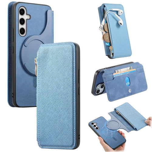 For Samsung Galaxy S25 Leather Case Cross Texture Detachable Magnetic Phone Cover Wallet Stand - Blue - 1