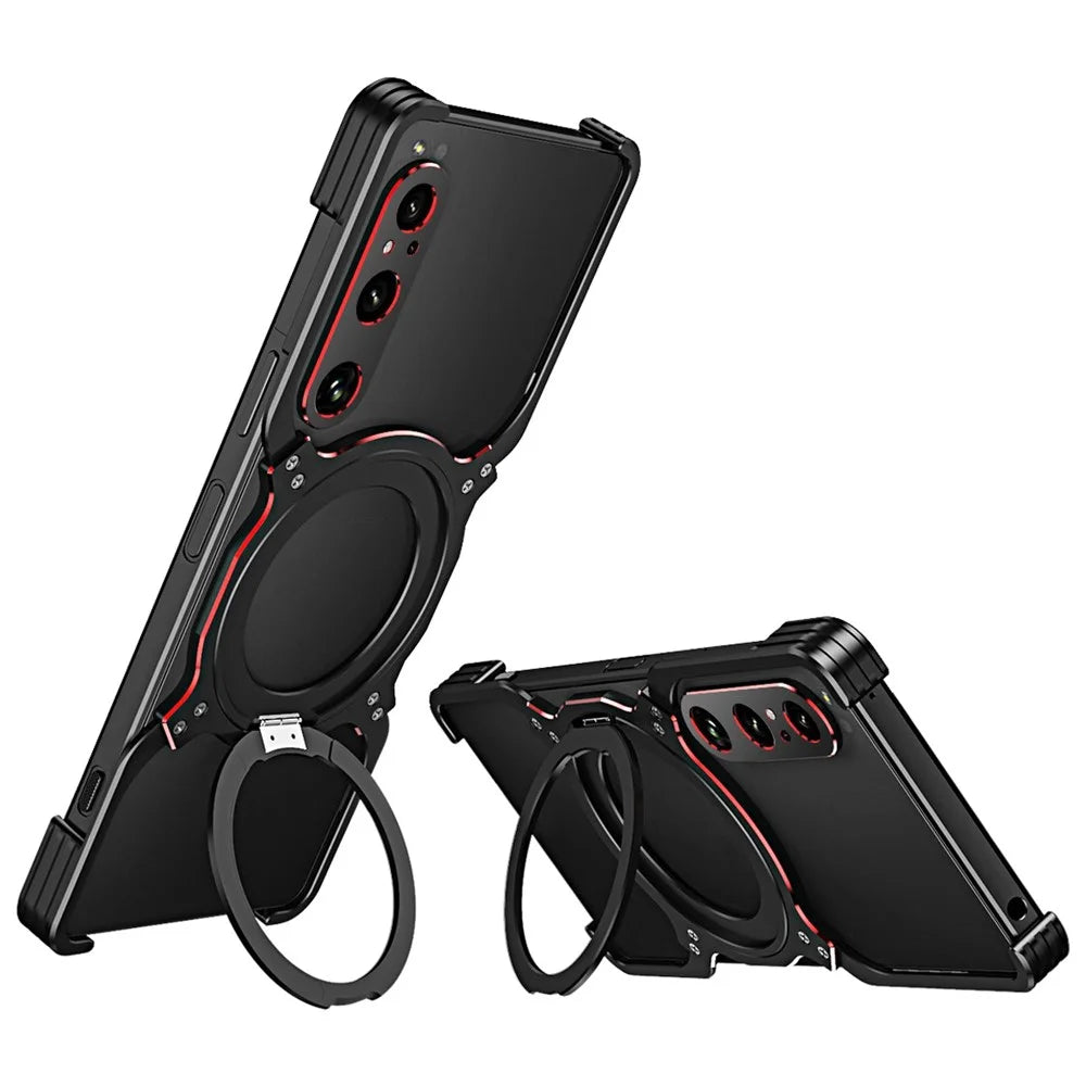 For Sony Xperia 1 V Kickstand Case Metal Bumper Magnetic Phone Cover - Black / Red - 1