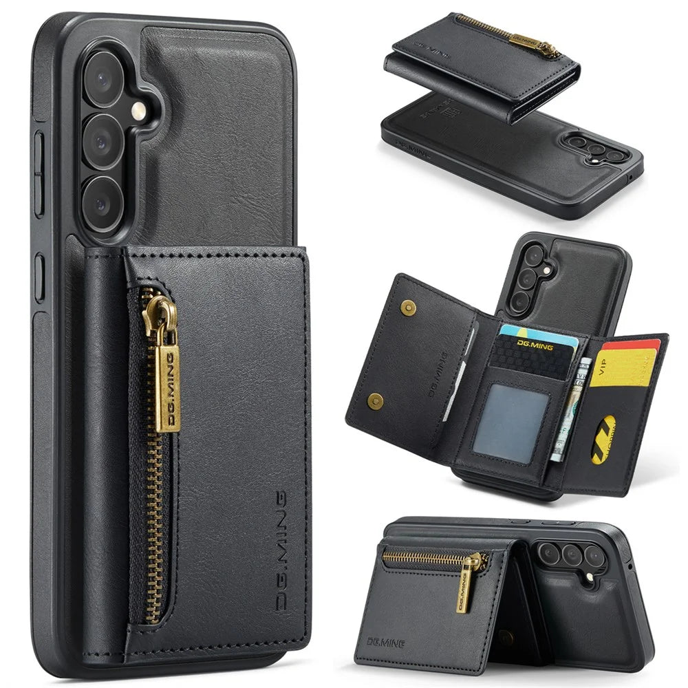 DG.MING M5 Series For Samsung Galaxy S25 Case Detachable Magnetic Leather Phone Cover with Card Slots - Black - 1