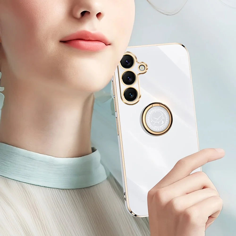 XINLI For Samsung Galaxy S25 Case Ring Kickstand Electroplating TPU Phone Cover - Cyan - 4
