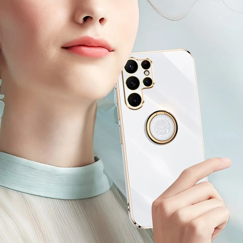 XINLI For Samsung Galaxy S25 Ultra Case Ring Kickstand Electroplating TPU Phone Cover - Cyan - 4