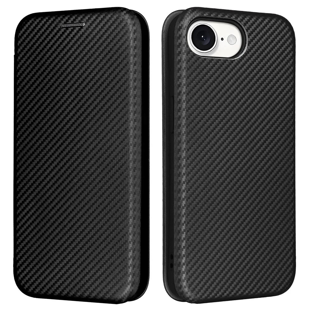 For iPhone 17e / 16e Case Carbon Fiber Texture Drop-Proof PU Leather Phone Cover - Black - 1