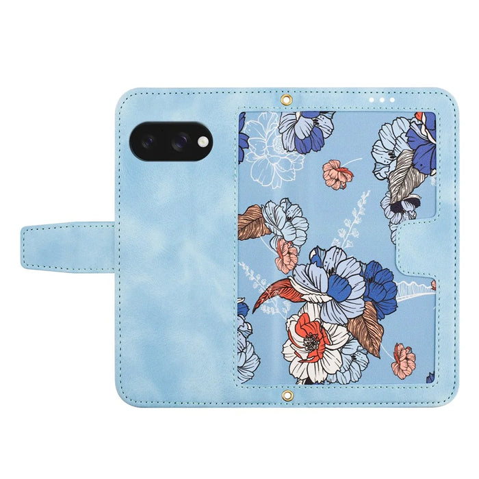 For Google Pixel 9a Case PU Leather Floral Phone Cover with Card Slots - Baby Blue - 5