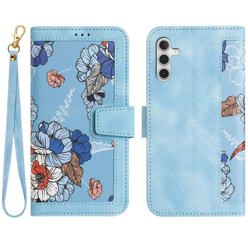 For Samsung Galaxy S25 Case PU Leather Floral Phone Cover with Card Slots - Baby Blue - 1