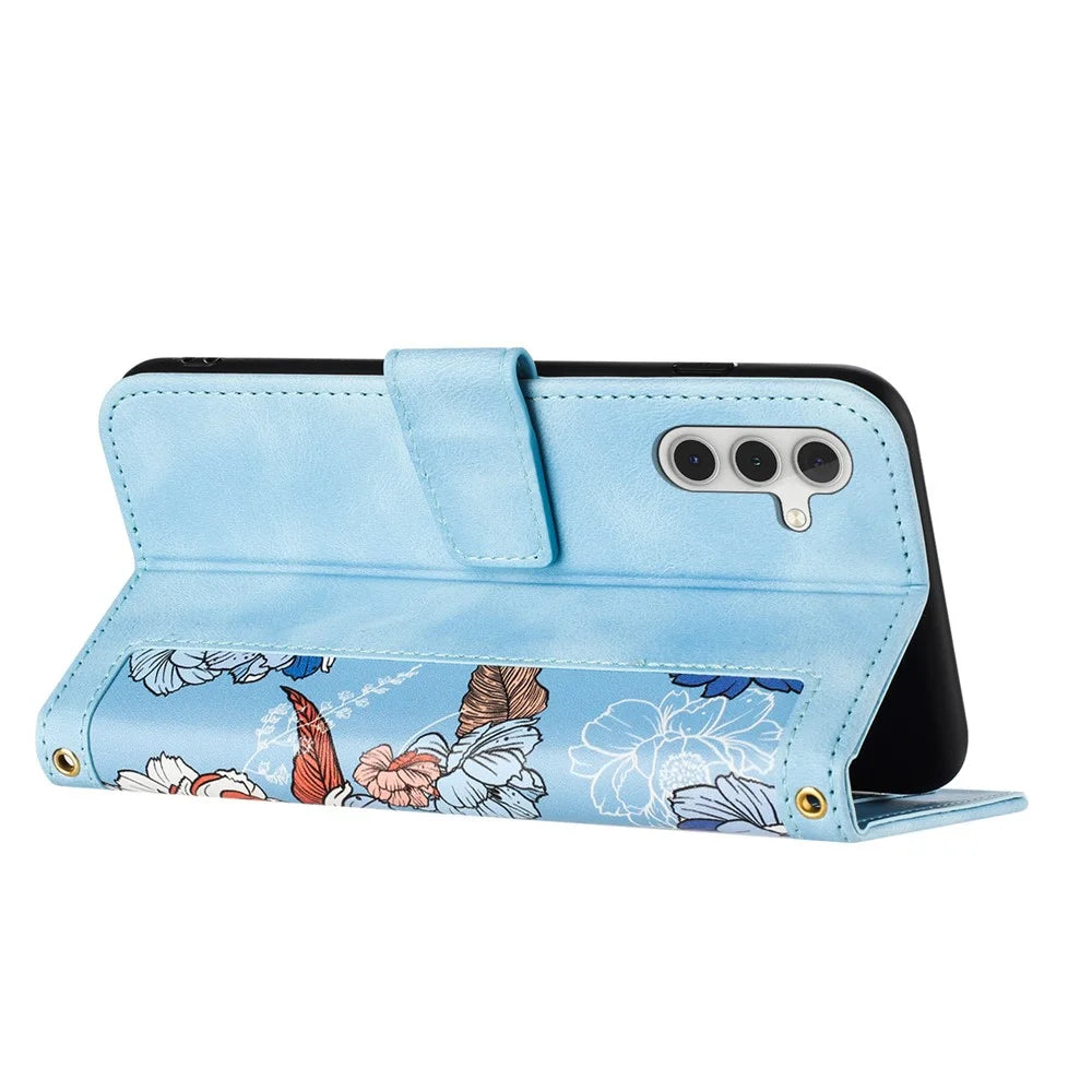 For Samsung Galaxy S25 Case PU Leather Floral Phone Cover with Card Slots - Baby Blue - 4