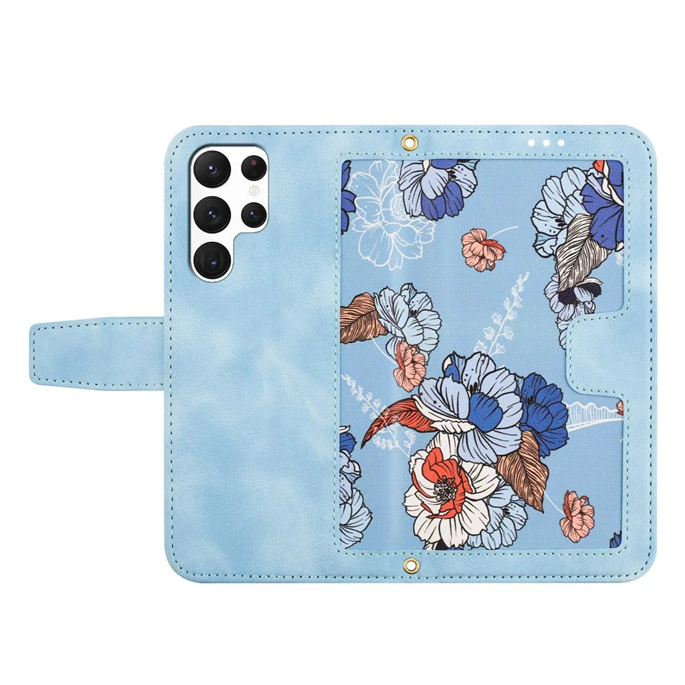For Samsung Galaxy S25 Ultra Case PU Leather Floral Phone Cover with Card Slots - Baby Blue - 5