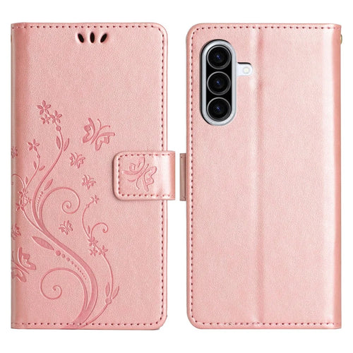 For Samsung Galaxy A36 5G Leather Wallet Case Butterfly Flower Imprinted Phone Cover with Strap - Rose Gold - 1