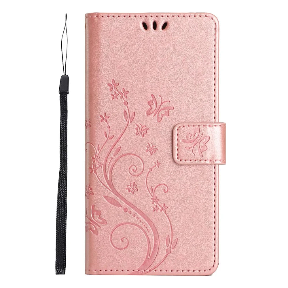 For Samsung Galaxy A36 5G Leather Wallet Case Butterfly Flower Imprinted Phone Cover with Strap - Rose Gold - 6