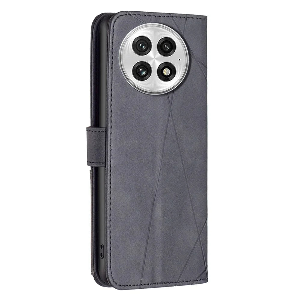 BINFEN COLOR For OnePlus 13 Phone Cases Wallet Stand Geometry Imprint Leather Cover - Black - 5