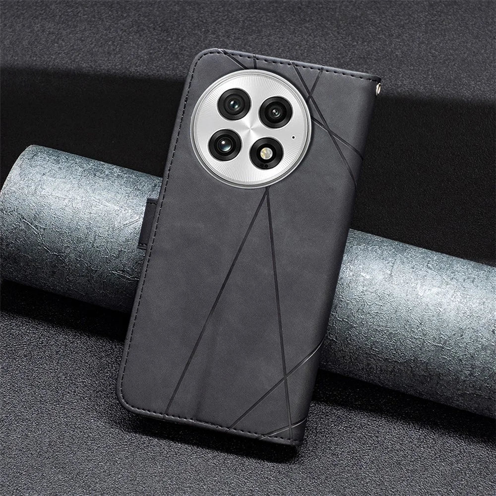 BINFEN COLOR For OnePlus 13 Phone Cases Wallet Stand Geometry Imprint Leather Cover - Black - 7
