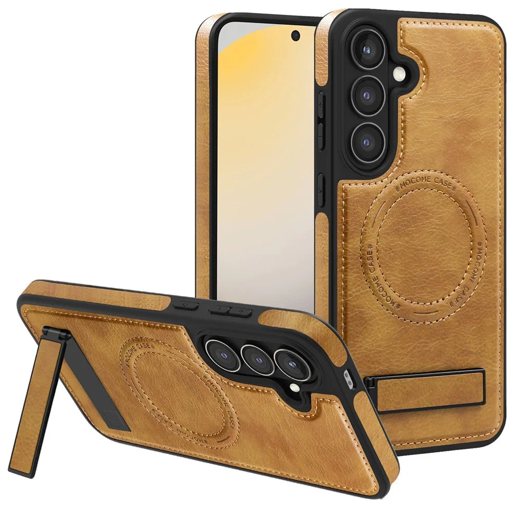 For Samsung Galaxy S24 FE Magnetic Case with Folded Kickstand PC Silicone Leather Phone Back Cover  - Brown - 1