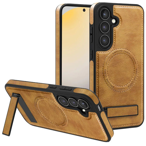 For Samsung Galaxy S24 FE Magnetic Case with Folded Kickstand PC Silicone Leather Phone Back Cover  - Brown - 1