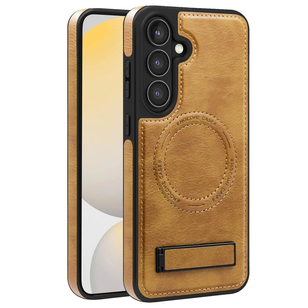 For Samsung Galaxy S24 FE Magnetic Case with Folded Kickstand PC Silicone Leather Phone Back Cover  - Brown - 2