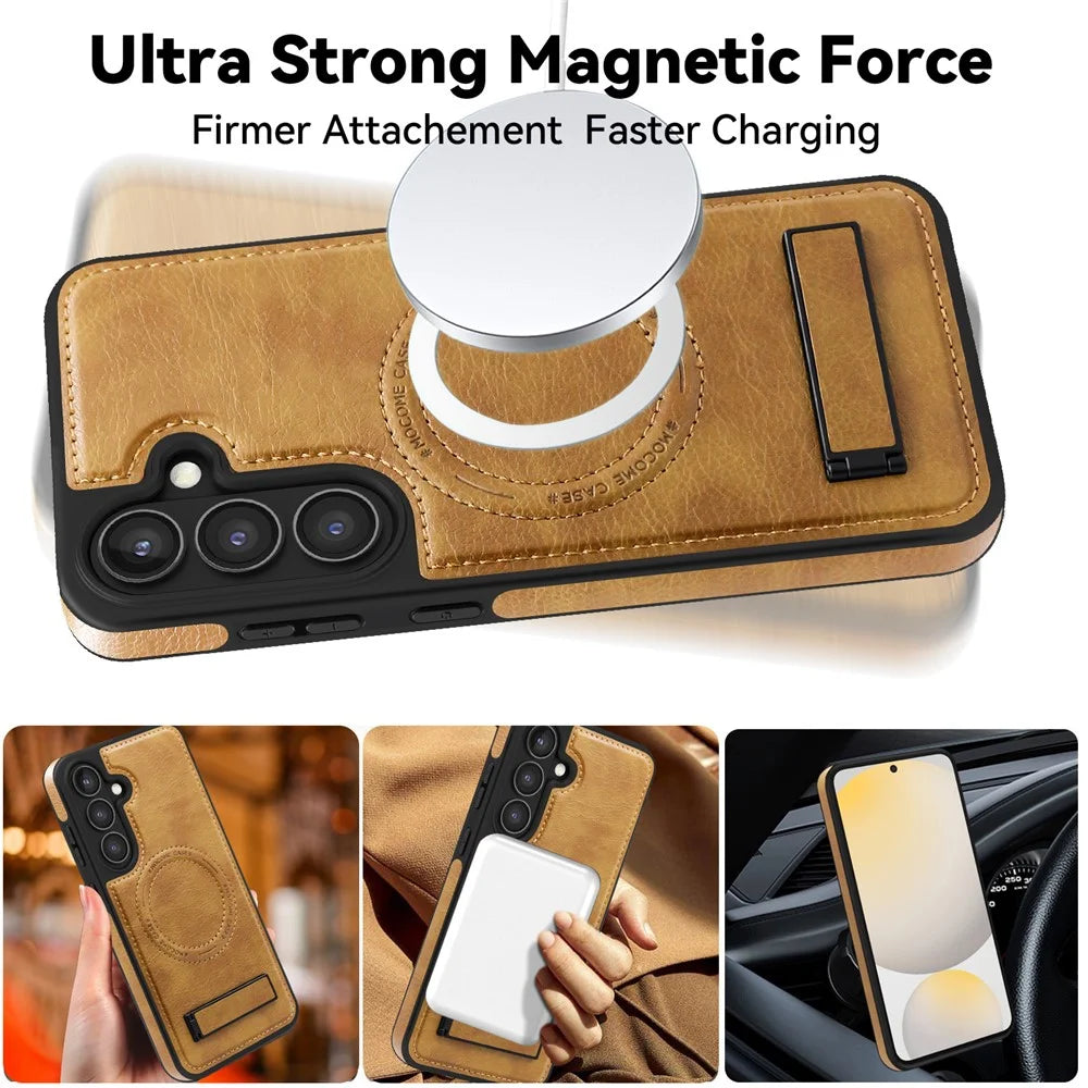 For Samsung Galaxy S24 FE Magnetic Case with Folded Kickstand PC Silicone Leather Phone Back Cover  - Brown - 3