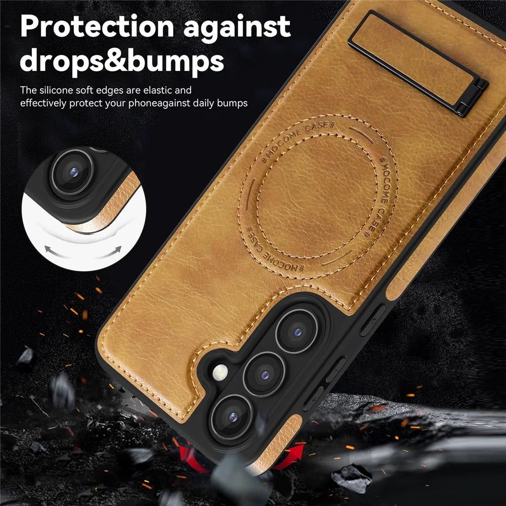 For Samsung Galaxy S24 FE Magnetic Case with Folded Kickstand PC Silicone Leather Phone Back Cover  - Brown - 4