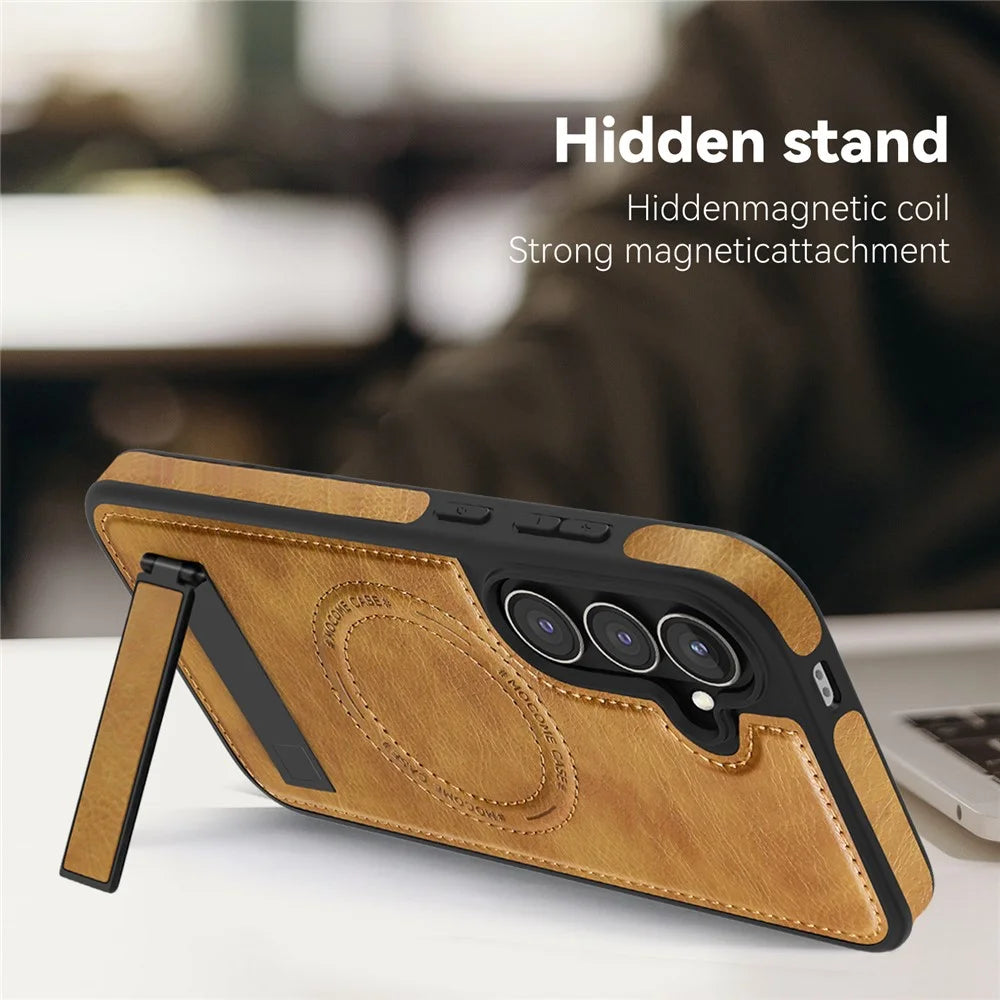 For Samsung Galaxy S24 FE Magnetic Case with Folded Kickstand PC Silicone Leather Phone Back Cover  - Brown - 6