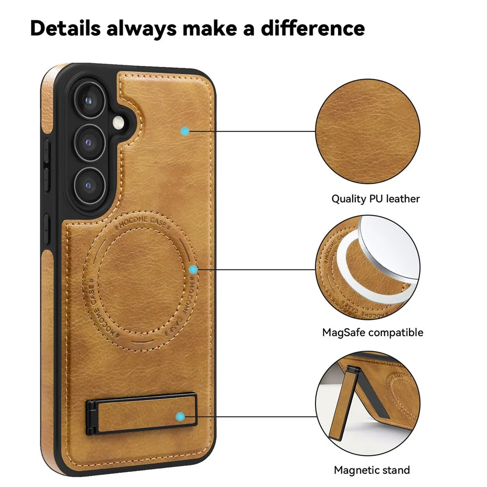 For Samsung Galaxy S24 FE Magnetic Case with Folded Kickstand PC Silicone Leather Phone Back Cover  - Brown - 7