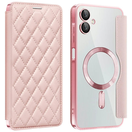 For Samsung Galaxy A06 4G Magnetic Case Rhombus PU Leather Phone Cover - Pink - 1