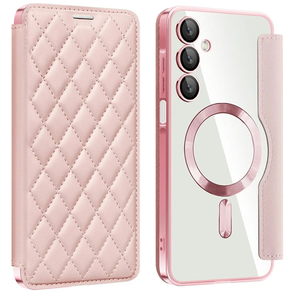 For Samsung Galaxy A16 4G / 5G Magnetic Case Rhombus PU Leather Phone Cover - Pink - 1
