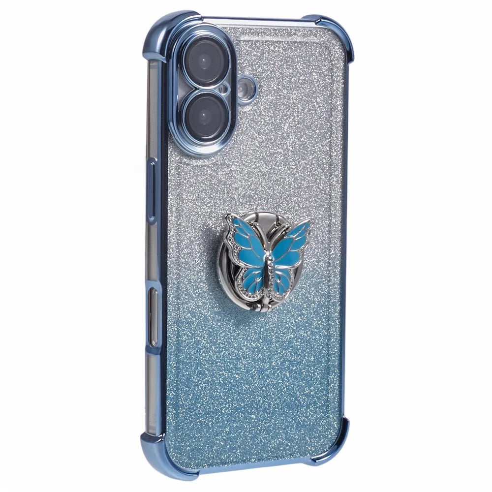 For iPhone 16 Plus Case Butterfly Kickstand Glitter TPU Shockproof Phone Cover - Blue - 1