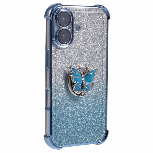 For iPhone 16 Plus Case Butterfly Kickstand Glitter TPU Shockproof Phone Cover - Blue - 1