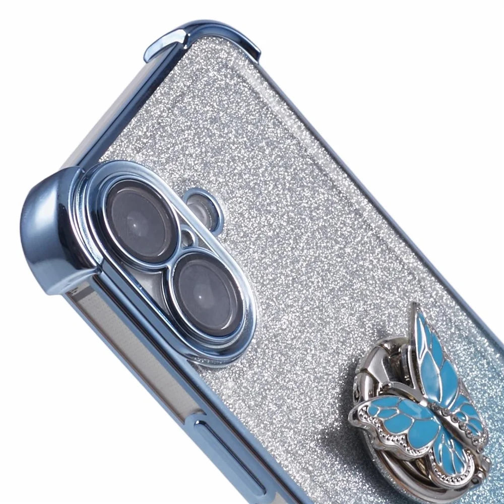 For iPhone 16 Plus Case Butterfly Kickstand Glitter TPU Shockproof Phone Cover - Blue - 7