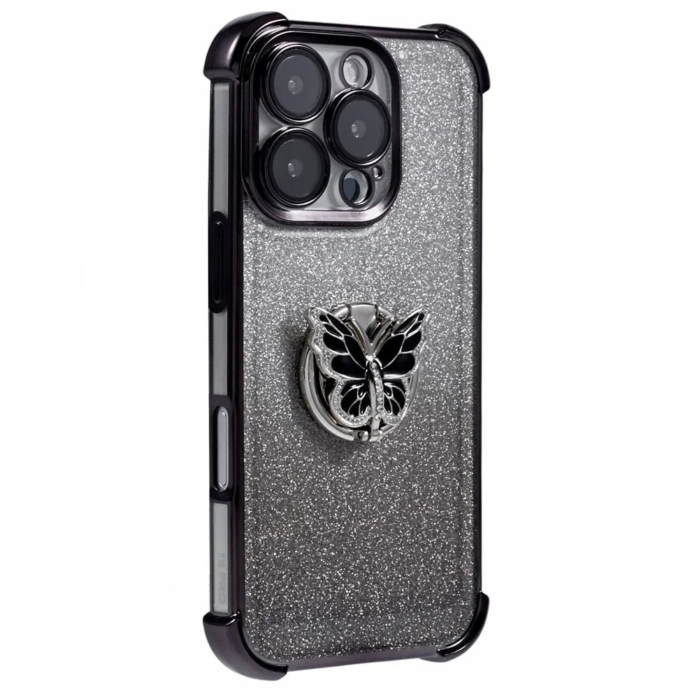 For iPhone 16 Pro Max Case Butterfly Kickstand Glitter TPU Shockproof Phone Cover - Black - 1